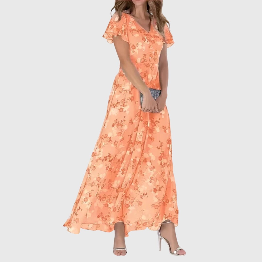 Women's A-Line Floral Maxi Dress V-Neck Flutter Sleeve | Button Front - Image 1