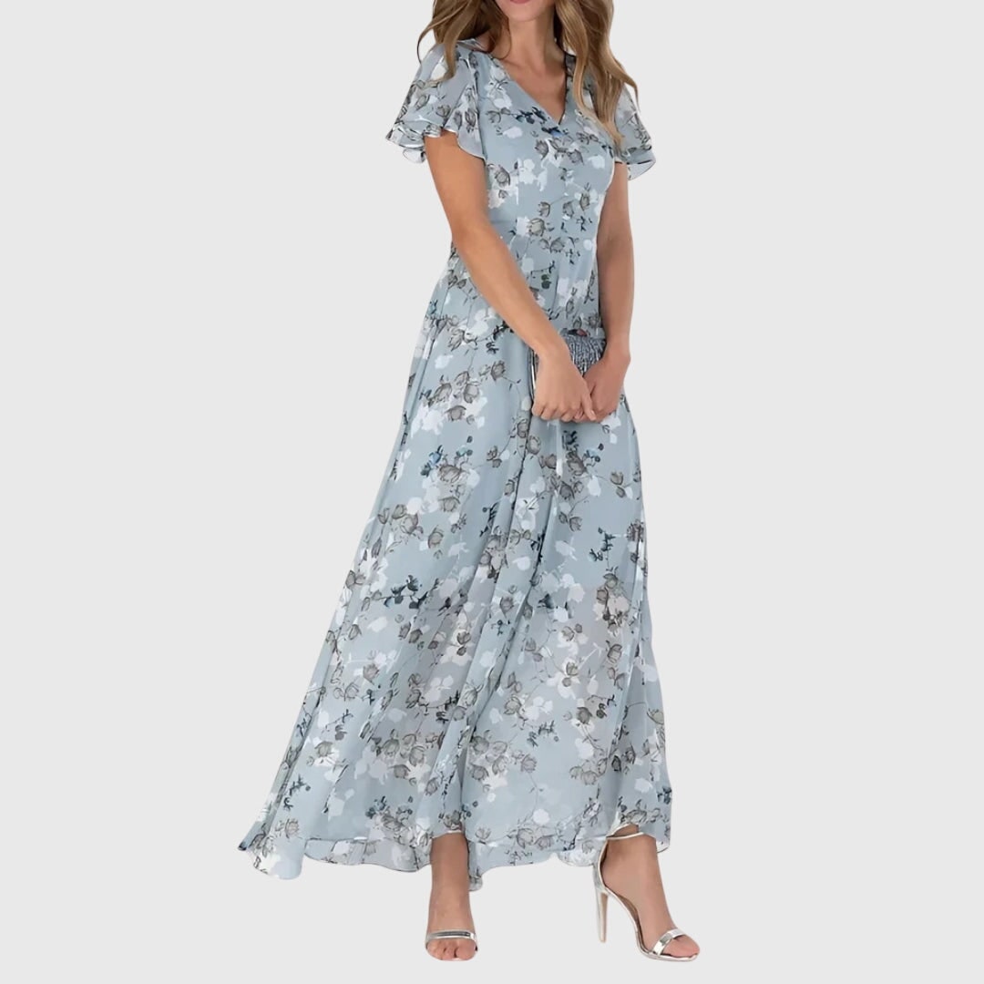 Women's A-Line Floral Maxi Dress V-Neck Flutter Sleeve | Button Front - Image 2