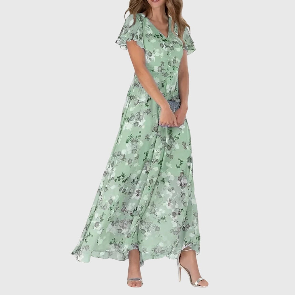 Women's A-Line Floral Maxi Dress V-Neck Flutter Sleeve | Button Front - Image 3