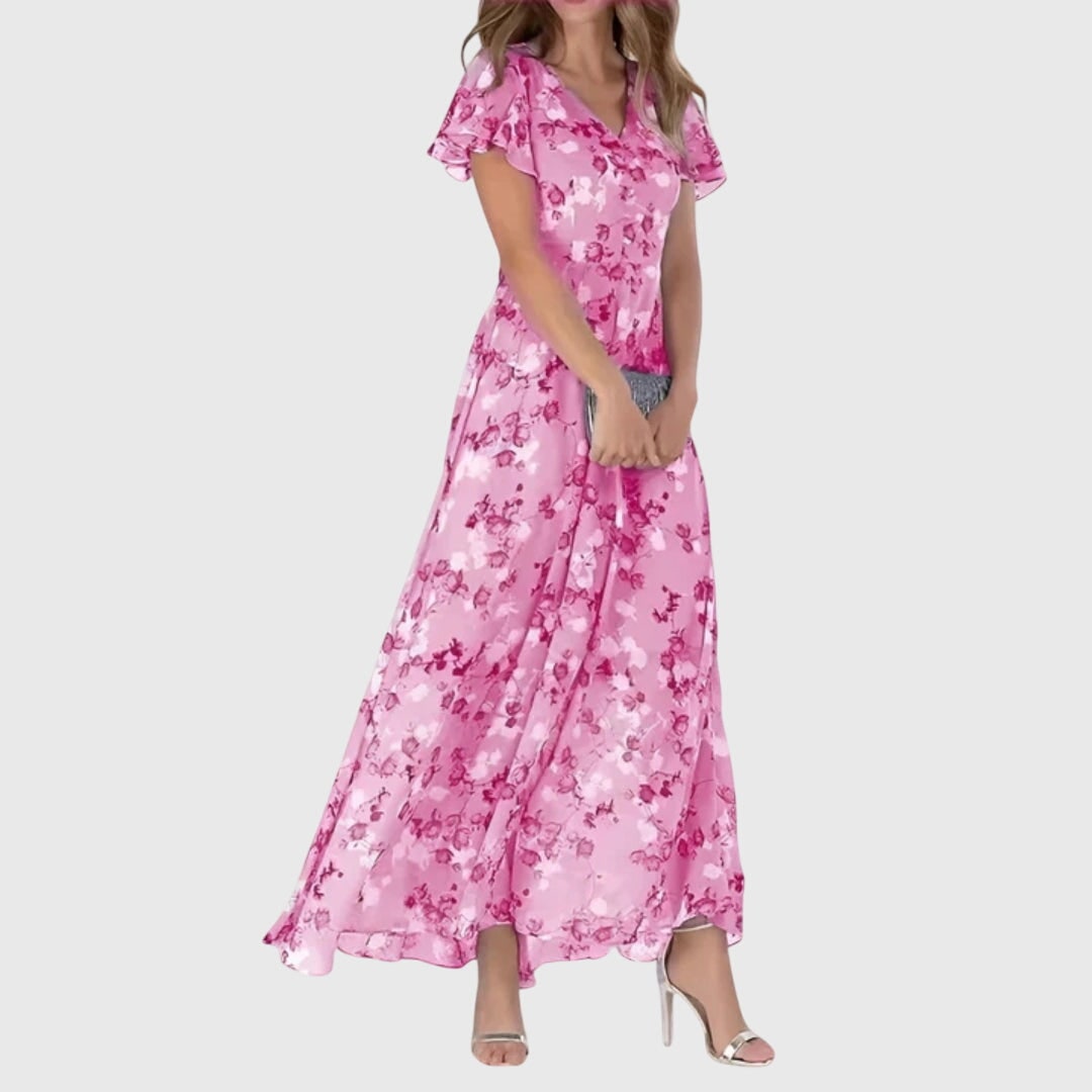 Women's A-Line Floral Maxi Dress V-Neck Flutter Sleeve | Button Front - Image 4