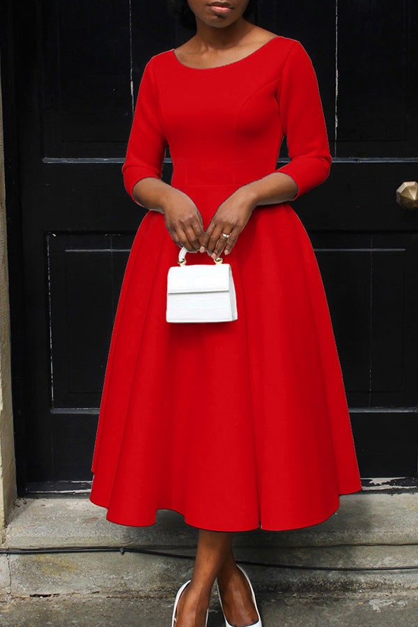 Women's A-Line Midi Dress with Fitted Bodice Three Quarter Sleeve | Scoop Neck Pockets - Image 1