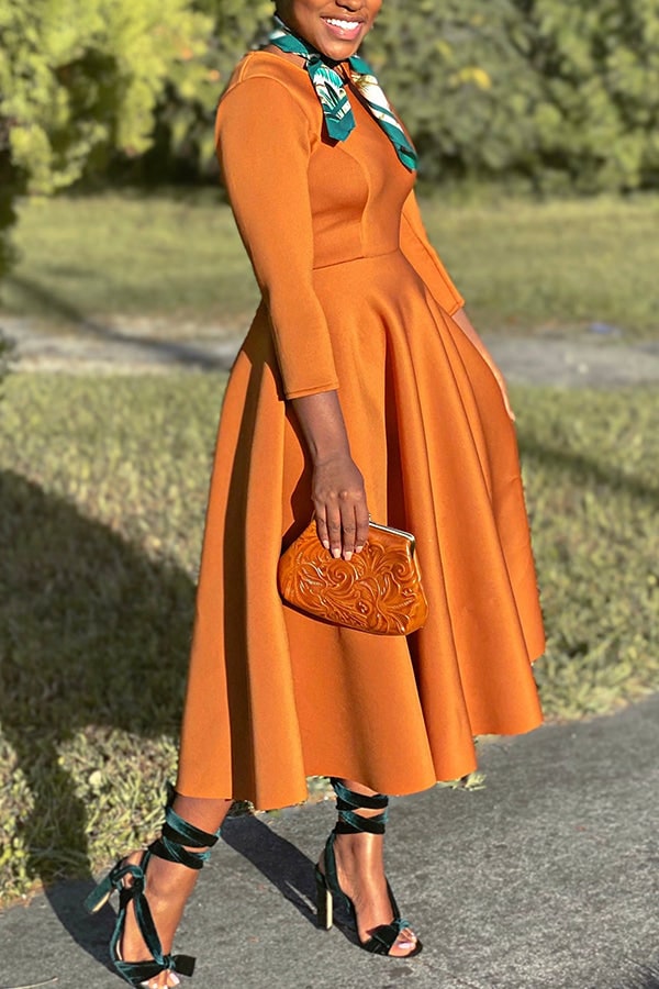 Women's A-Line Midi Dress with Fitted Bodice Three Quarter Sleeve | Scoop Neck Pockets - Image 10