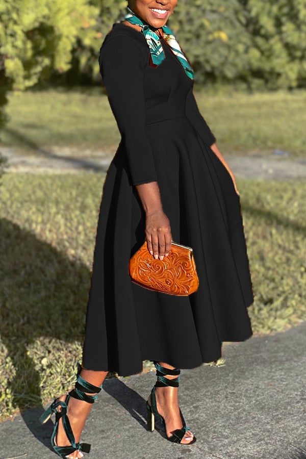 Women's A-Line Midi Dress with Fitted Bodice Three Quarter Sleeve | Scoop Neck Pockets - Image 11