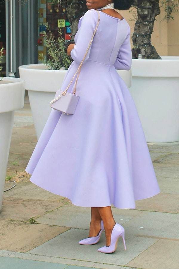 Women's A-Line Midi Dress with Fitted Bodice Three Quarter Sleeve | Scoop Neck Pockets - Image 14