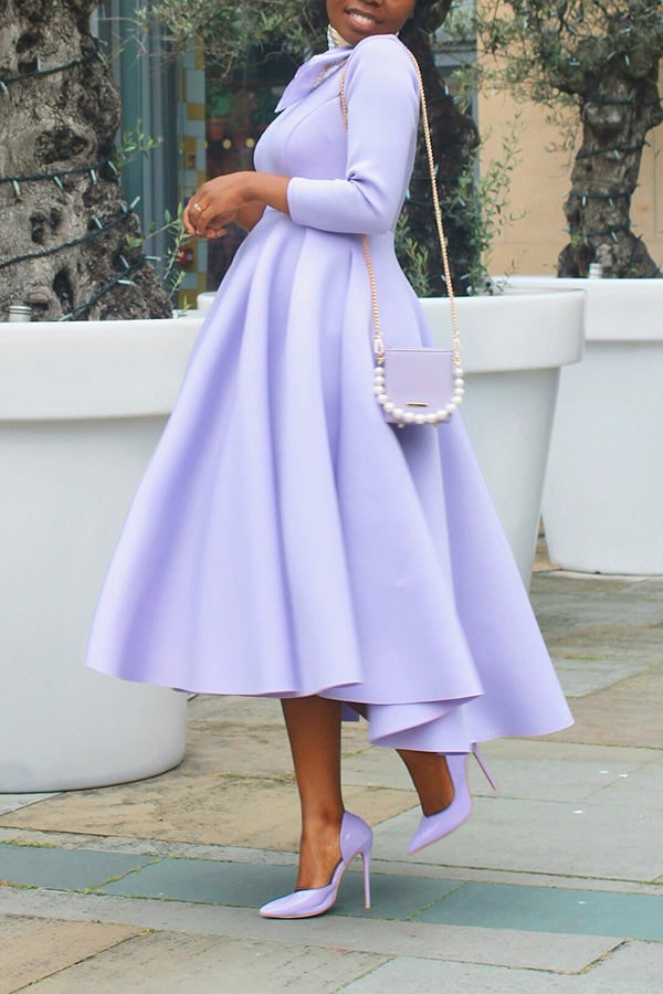 Women's A-Line Midi Dress with Fitted Bodice Three Quarter Sleeve | Scoop Neck Pockets - Image 15