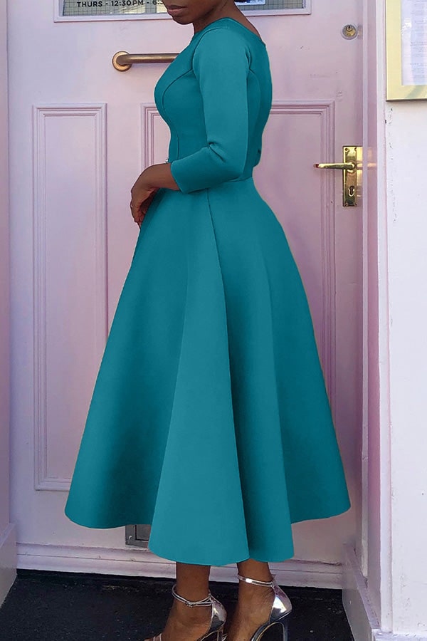 Women's A-Line Midi Dress with Fitted Bodice Three Quarter Sleeve | Scoop Neck Pockets - Image 16