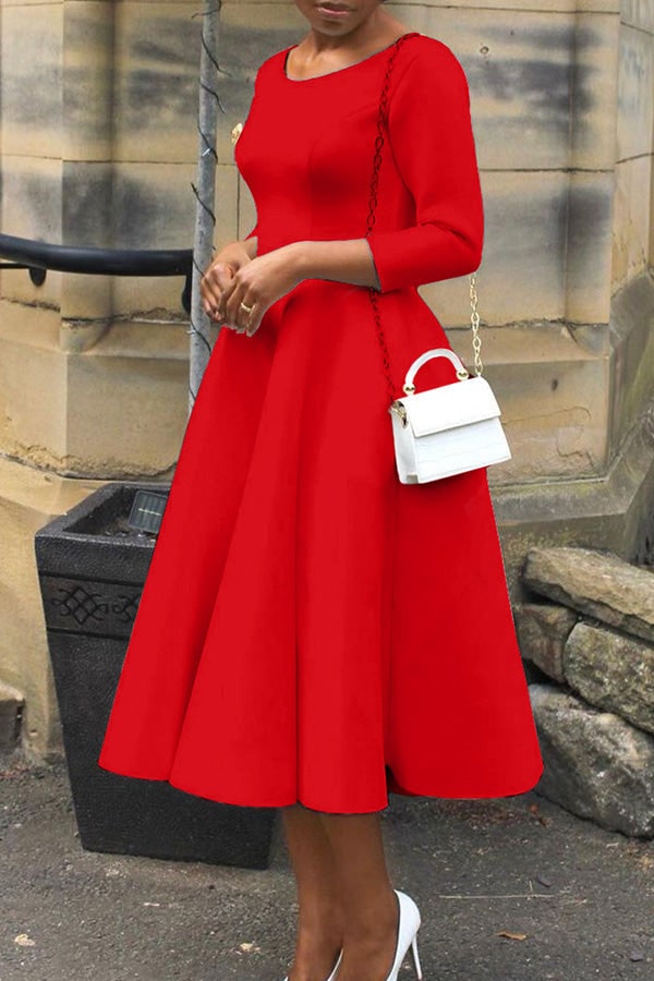 Women's A-Line Midi Dress with Fitted Bodice Three Quarter Sleeve | Scoop Neck Pockets - Image 17