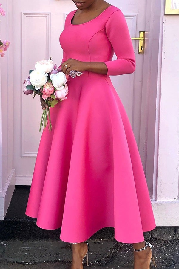 Women's A-Line Midi Dress with Fitted Bodice Three Quarter Sleeve | Scoop Neck Pockets - Image 18