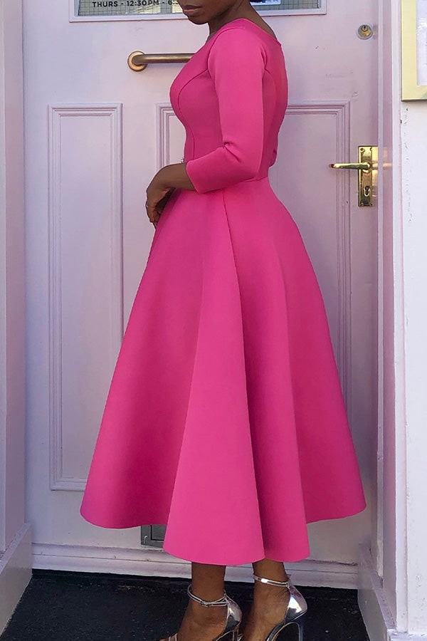 Women's A-Line Midi Dress with Fitted Bodice Three Quarter Sleeve | Scoop Neck Pockets - Image 19