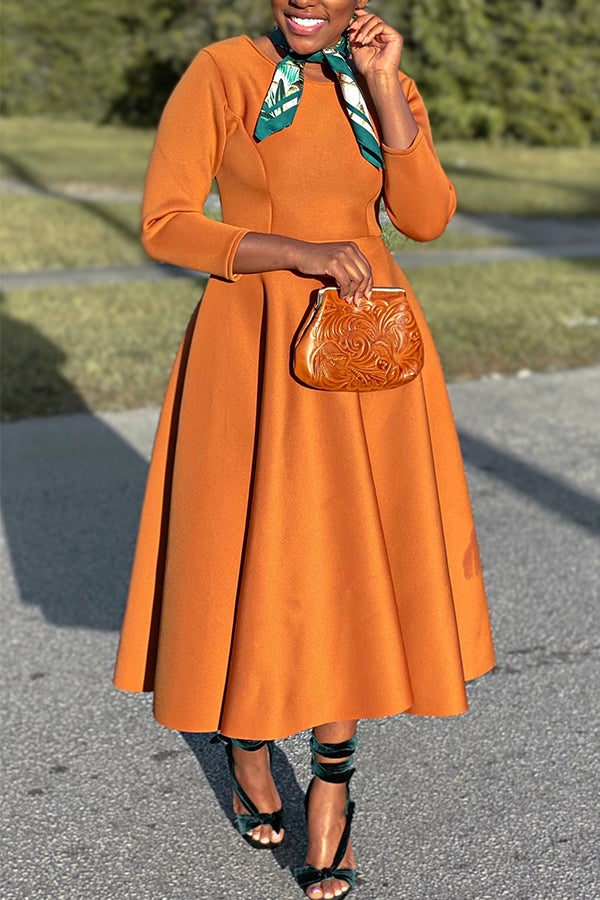 Women's A-Line Midi Dress with Fitted Bodice Three Quarter Sleeve | Scoop Neck Pockets - Image 2