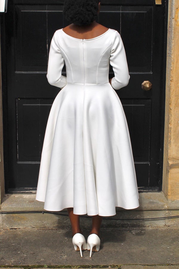 Women's A-Line Midi Dress with Fitted Bodice Three Quarter Sleeve | Scoop Neck Pockets - Image 20