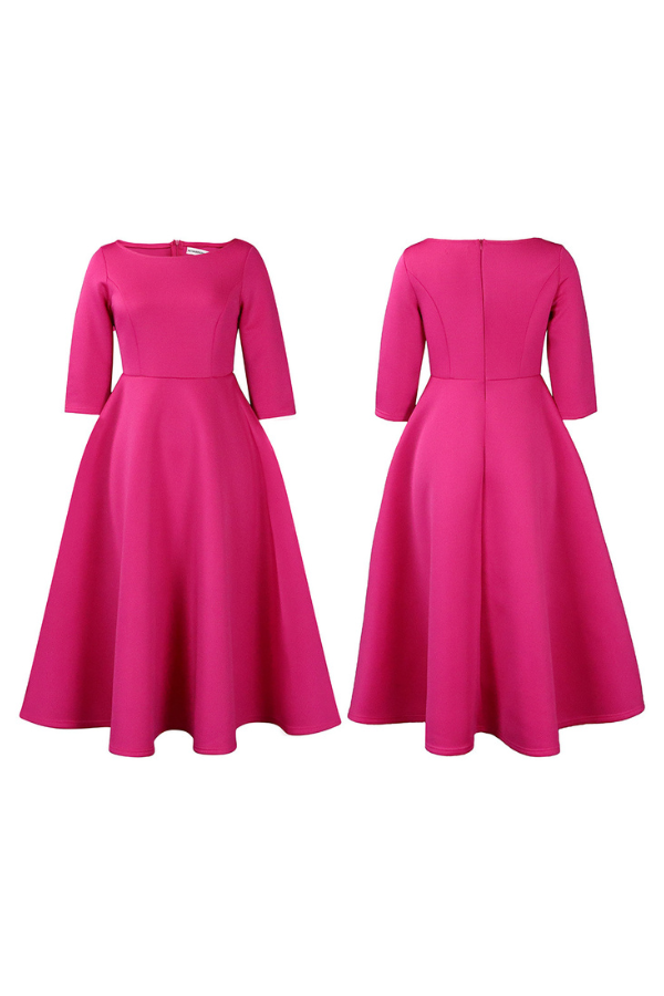 Women's A-Line Midi Dress with Fitted Bodice Three Quarter Sleeve | Scoop Neck Pockets - Image 22