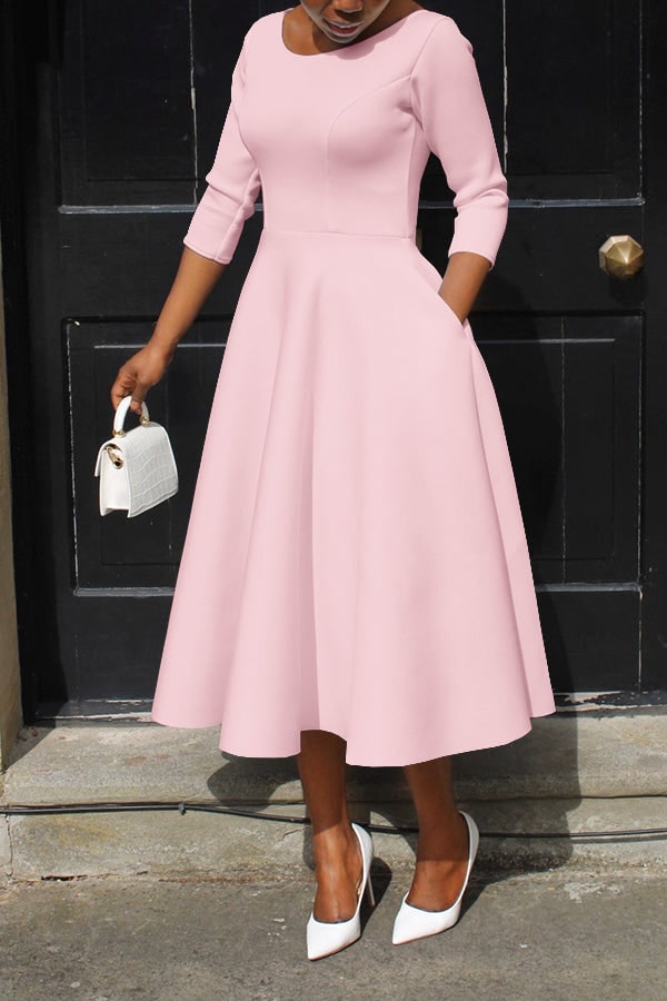 Women's A-Line Midi Dress with Fitted Bodice Three Quarter Sleeve | Scoop Neck Pockets - Image 3
