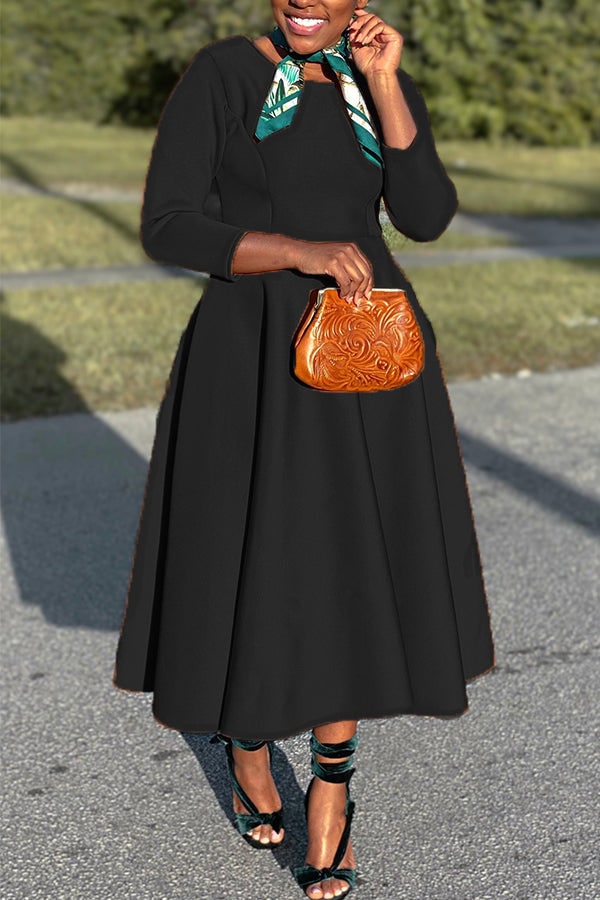 Women's A-Line Midi Dress with Fitted Bodice Three Quarter Sleeve | Scoop Neck Pockets - Image 4
