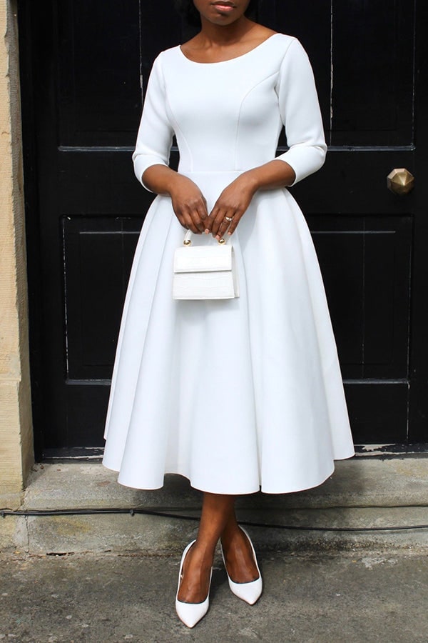 Women's A-Line Midi Dress with Fitted Bodice Three Quarter Sleeve | Scoop Neck Pockets - Image 6