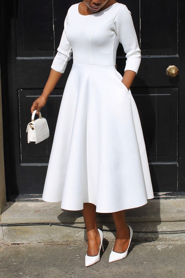 Women's A-Line Midi Dress with Fitted Bodice Three Quarter Sleeve | Scoop Neck Pockets - Image 7
