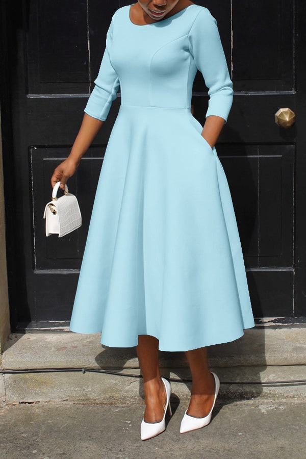Women's A-Line Midi Dress with Fitted Bodice Three Quarter Sleeve | Scoop Neck Pockets - Image 8