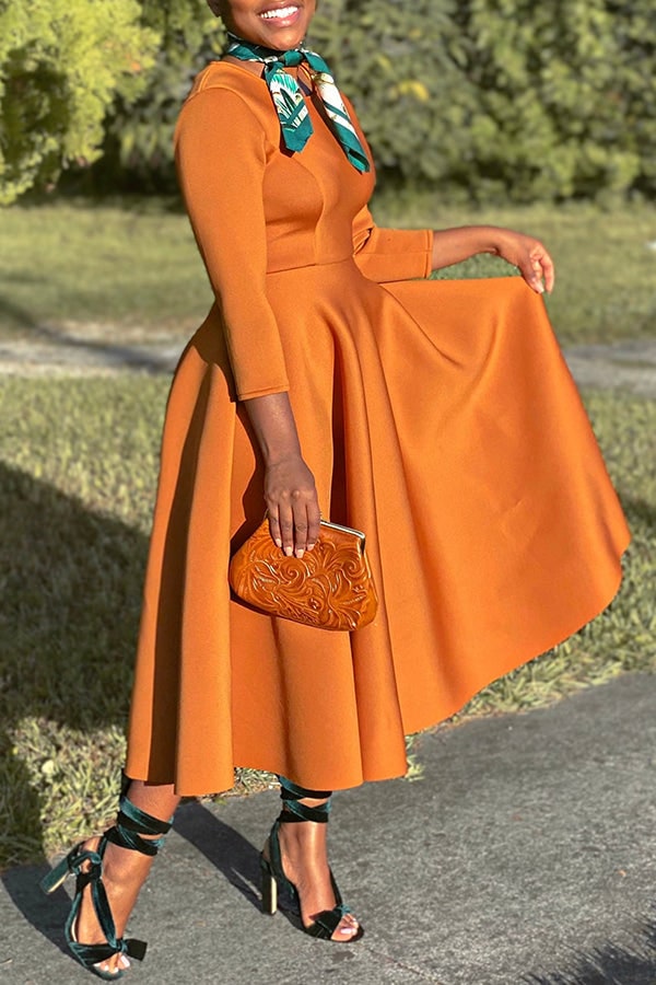 Women's A-Line Midi Dress with Fitted Bodice Three Quarter Sleeve | Scoop Neck Pockets - Image 9