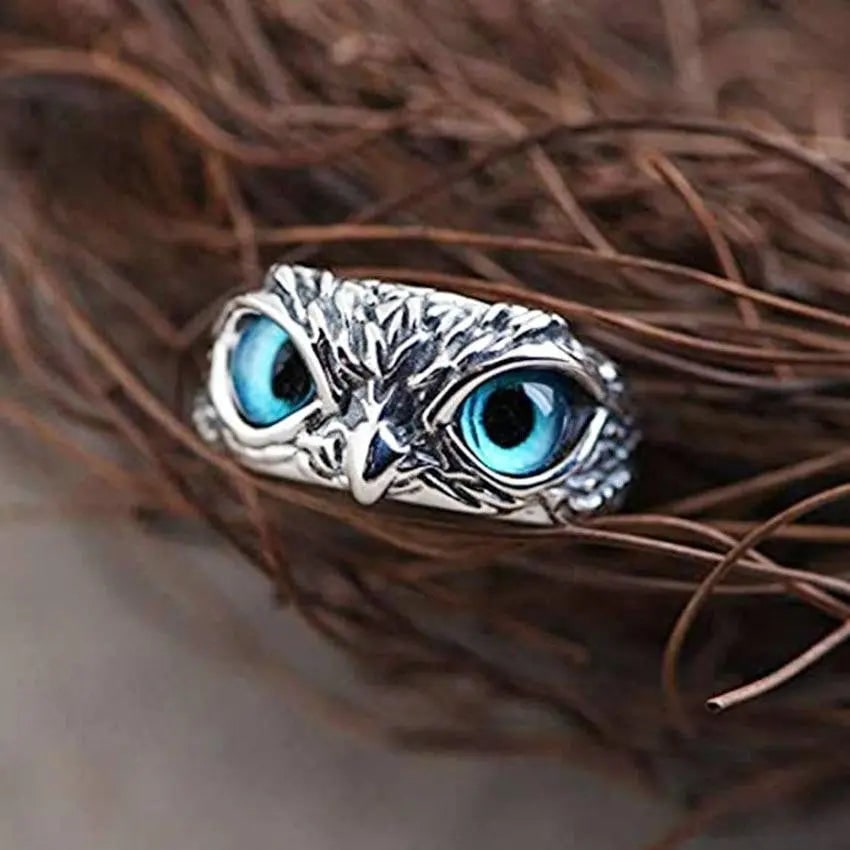 Women's Adjustable Silver Owl Ring Blue Eyes Antique Statement Jewelry - Image 4