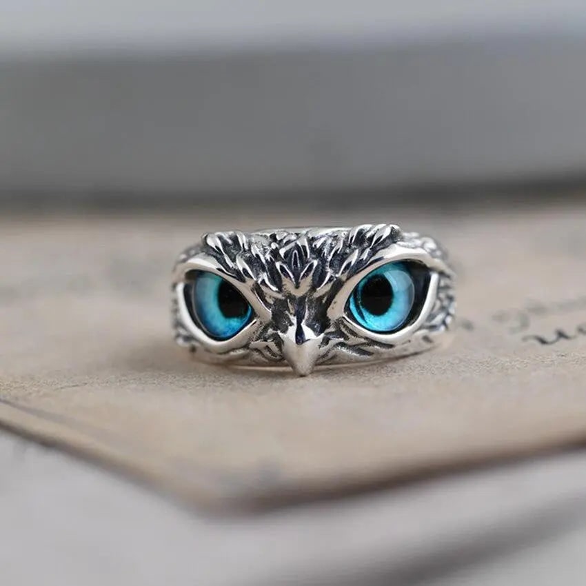 Women's Adjustable Silver Owl Ring Blue Glass Eyes - Image 1