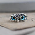 Women's Adjustable Silver Owl Ring Blue Glass Eyes - Image 1