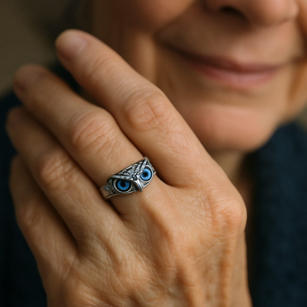 Women's Adjustable Silver Owl Ring Blue Glass Eyes - Image 2