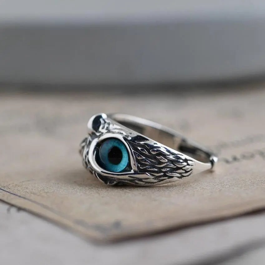Women's Adjustable Silver Owl Ring Blue Glass Eyes - Image 4