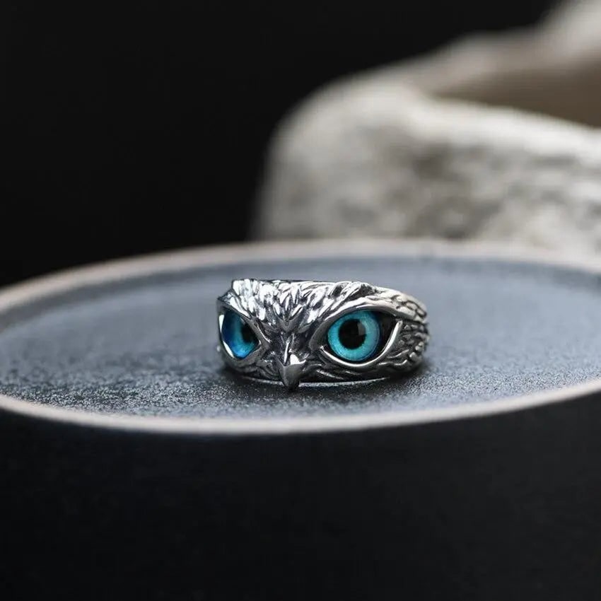 Women's Adjustable Silver Owl Ring Blue Glass Eyes - Image 5