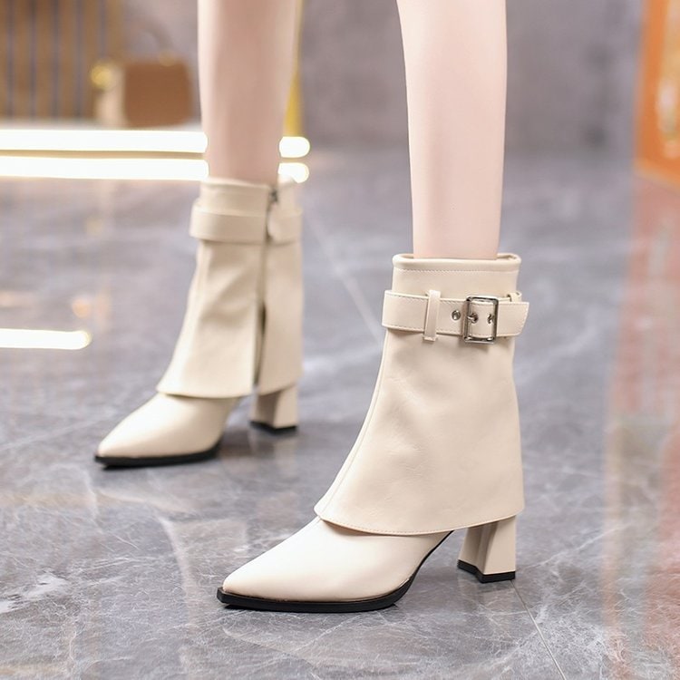 Women's Ankle Boots Block Heel Pointed Toe with Buckle Strap and Side Zipper - Image 1