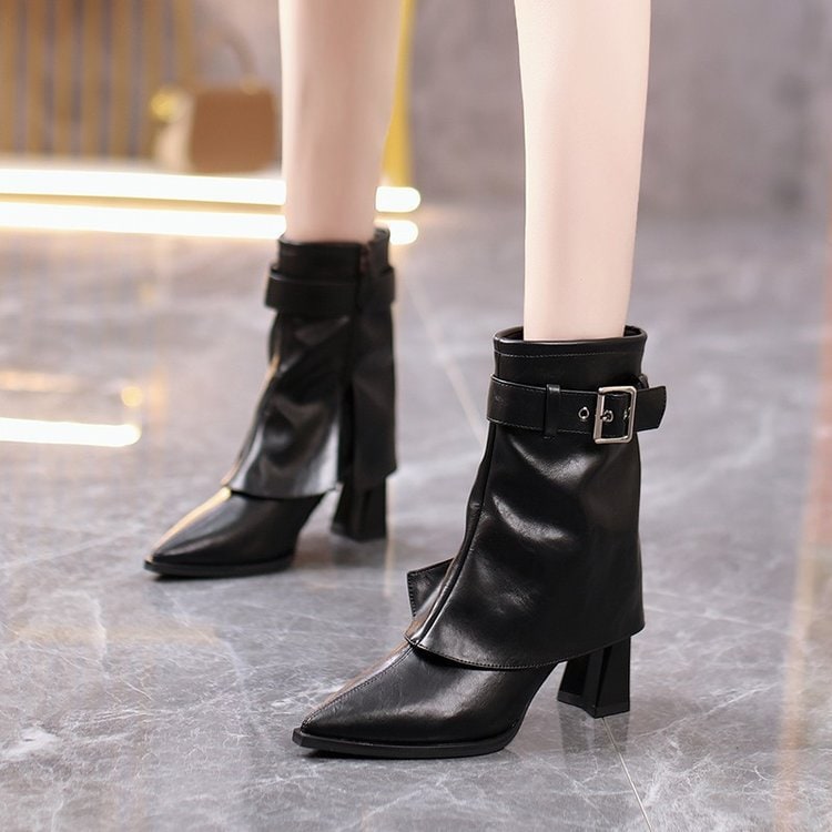 Women's Ankle Boots Block Heel Pointed Toe with Buckle Strap and Side Zipper - Image 2