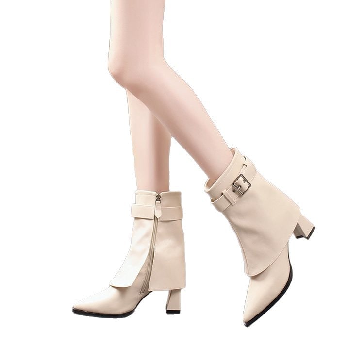 Women's Ankle Boots Block Heel Pointed Toe with Buckle Strap and Side Zipper - Image 5