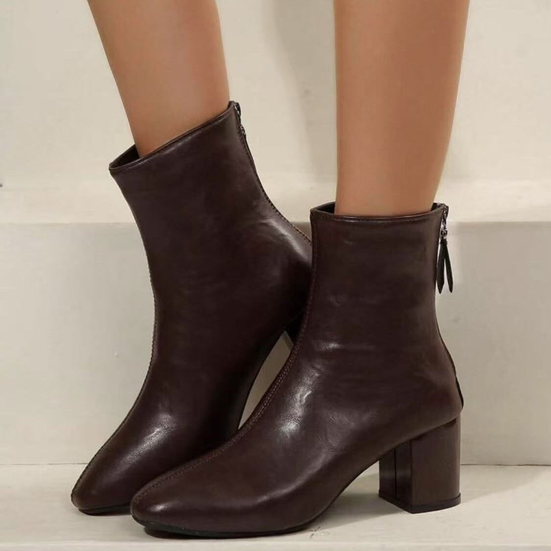 Women's Ankle Boots Block Heel Pointed Toe with Zipper Closure - Image 2