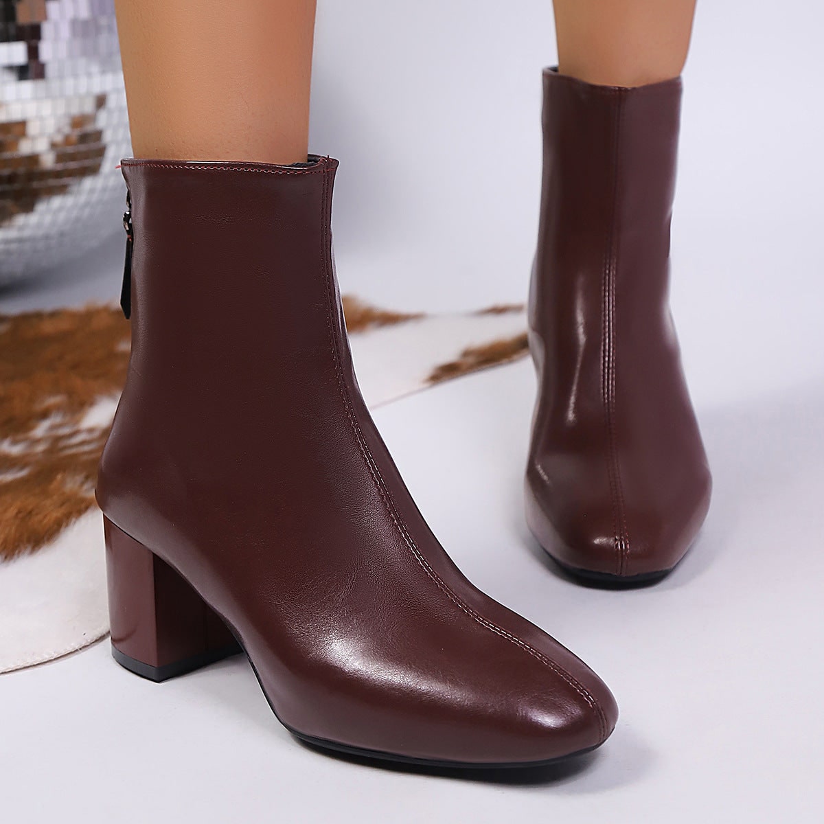 Women's Ankle Boots Block Heel Pointed Toe with Zipper Closure - Image 6