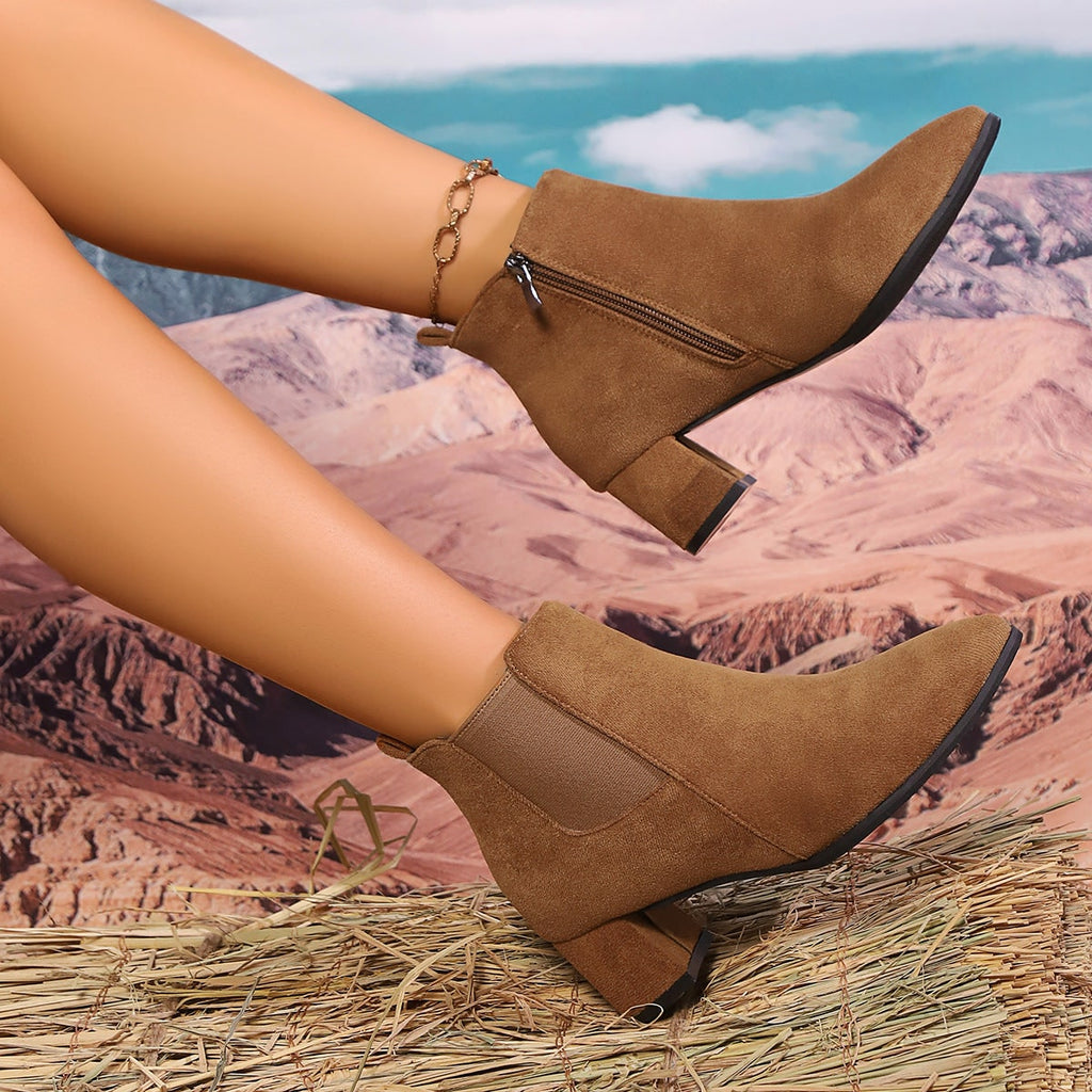 Women's Ankle Boots Pointed Toe with Block Heel and Side Zipper - Image 1