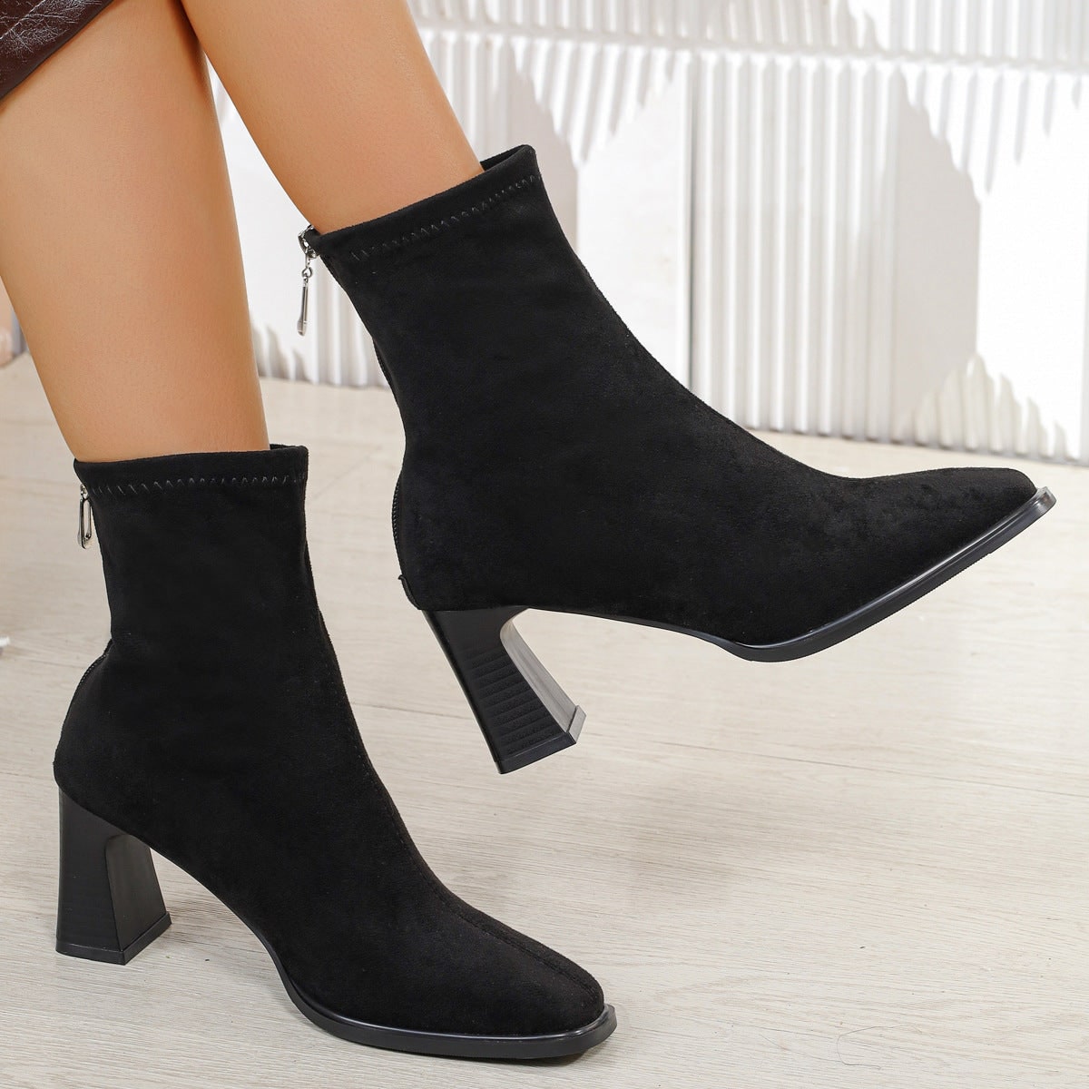 Women's Ankle Boots with Block Heel and Back Zipper Walking Short - Image 4