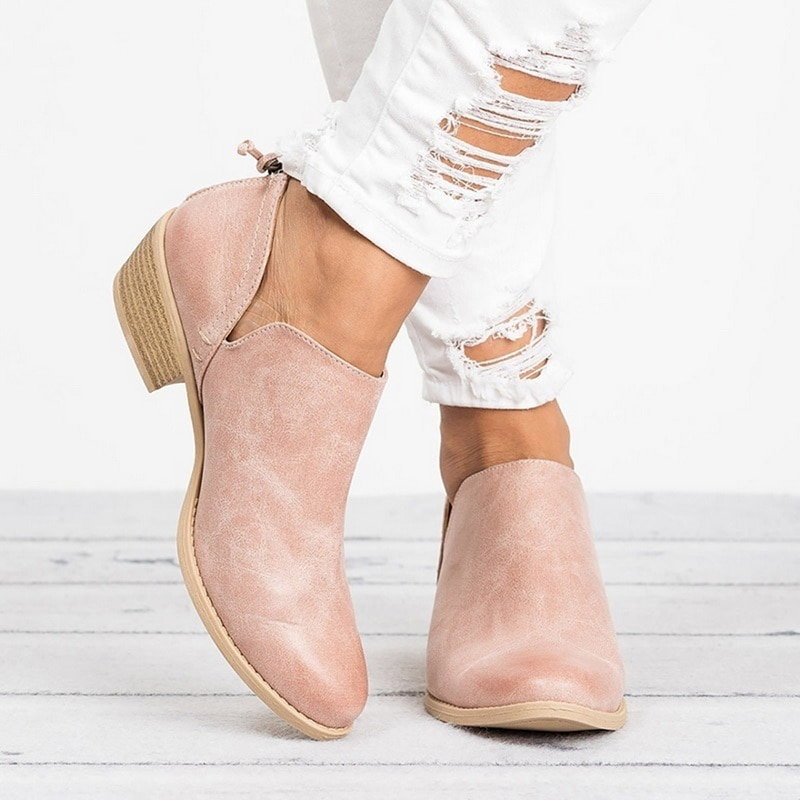 Women's Ankle Boots with Block Heel and Side Cutouts Faux Leather - Image 1