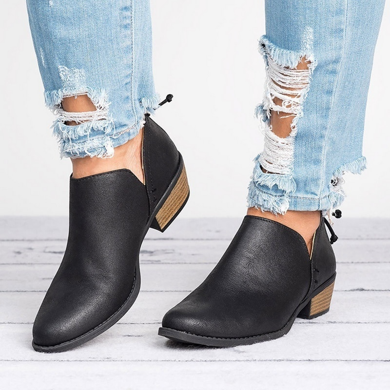 Women's Ankle Boots with Block Heel and Side Cutouts Faux Leather - Image 2