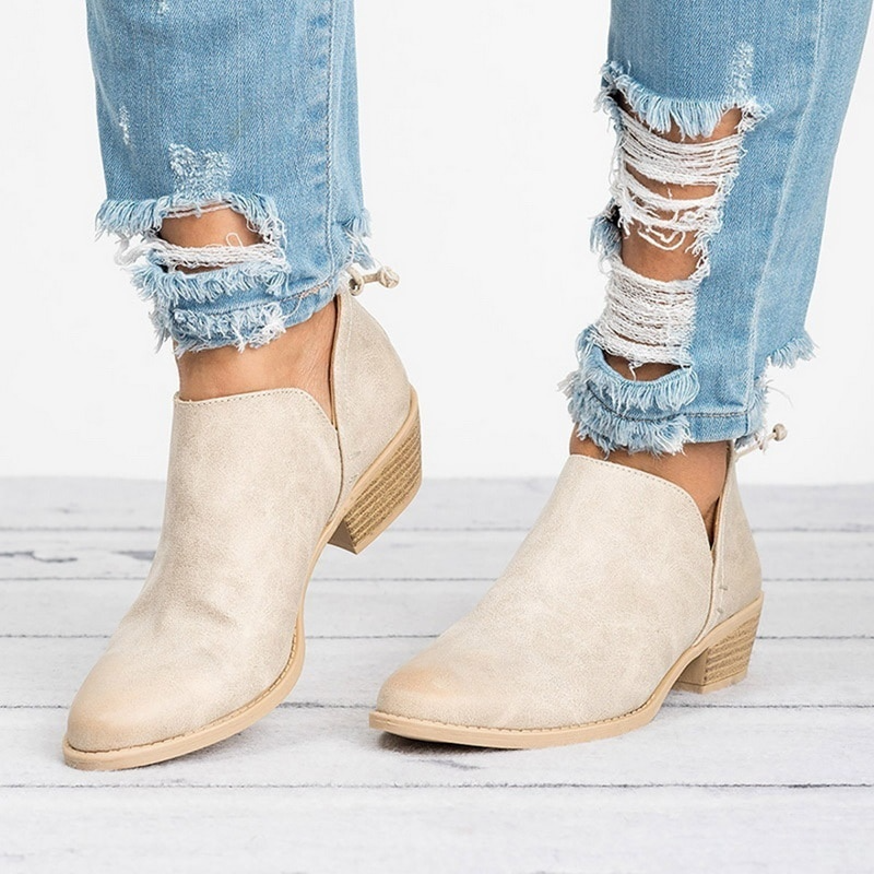 Women's Ankle Boots with Block Heel and Side Cutouts Faux Leather - Image 4