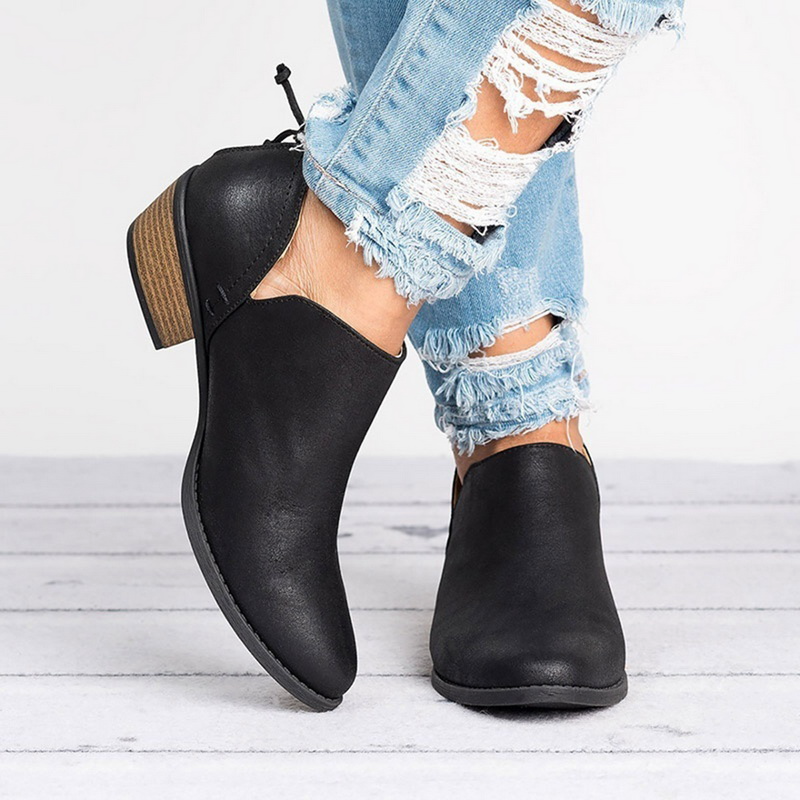 Women's Ankle Boots with Block Heel and Side Cutouts Faux Leather - Image 5