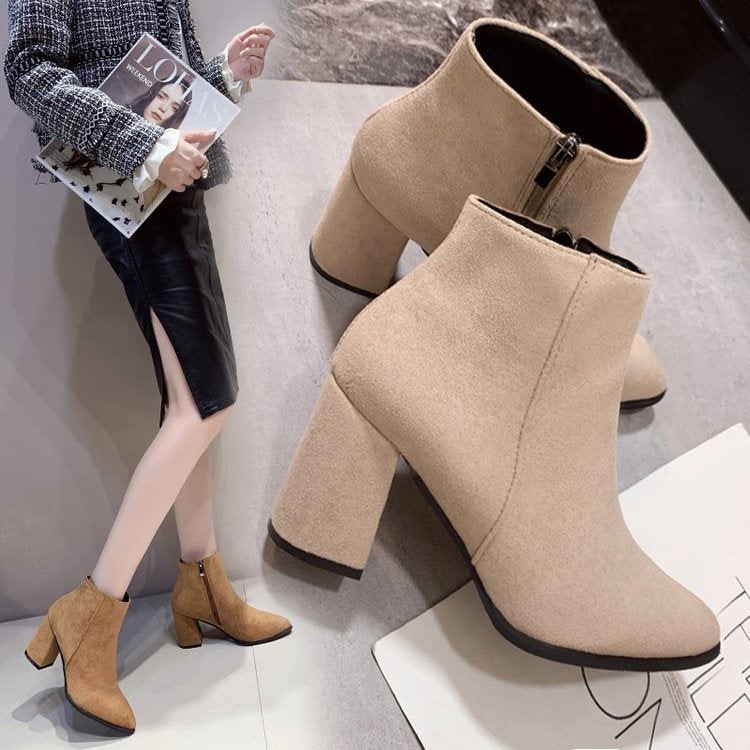 Women's Ankle Boots with Block Heel Pointed Toe and Side Zipper - Image 1