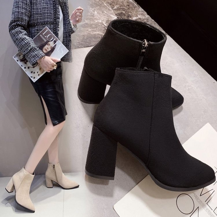 Women's Ankle Boots with Block Heel Pointed Toe and Side Zipper - Image 2
