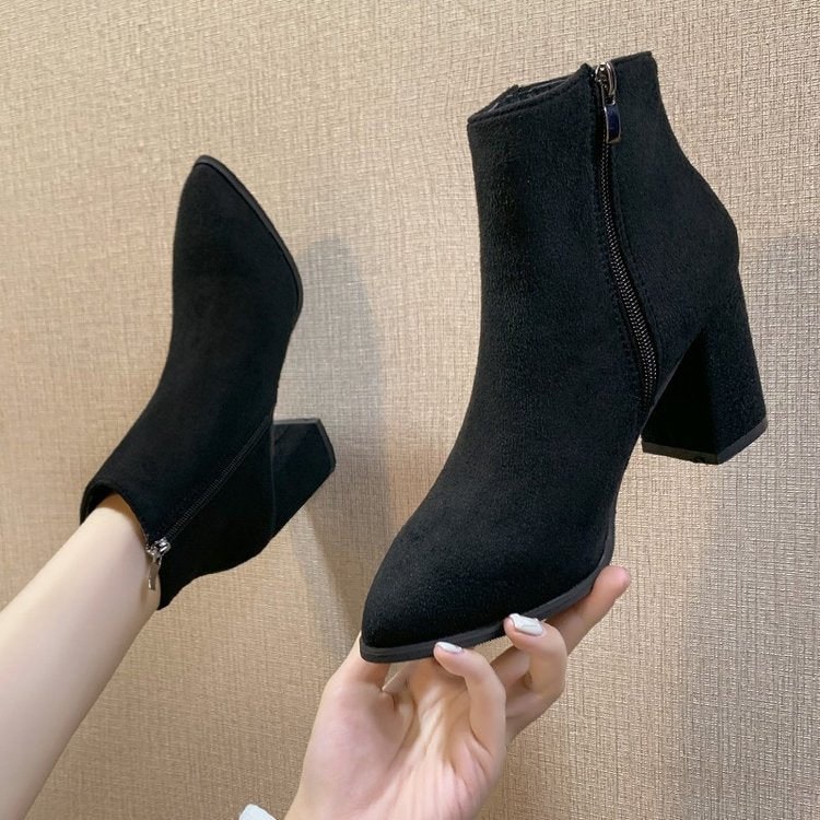Women's Ankle Boots with Block Heel Pointed Toe and Side Zipper - Image 4