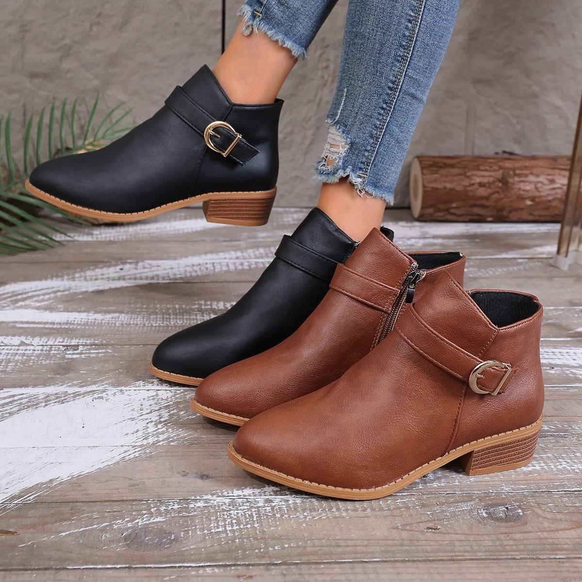 Women's Ankle Boots with Decorative Buckle Strap and Zipper Closure - Image 1