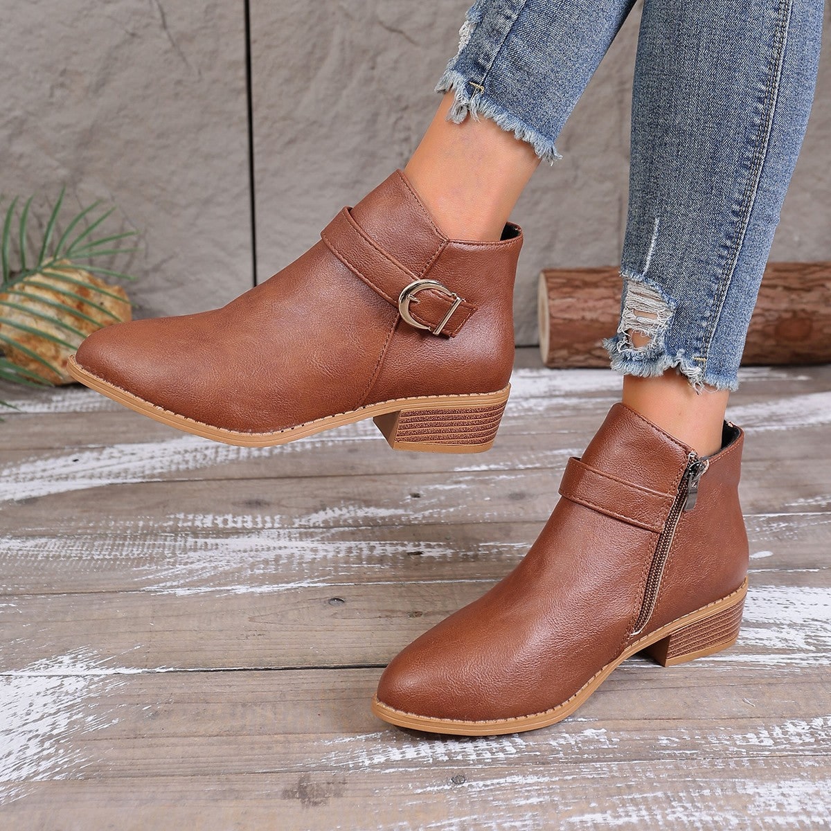Women's Ankle Boots with Decorative Buckle Strap and Zipper Closure - Image 2