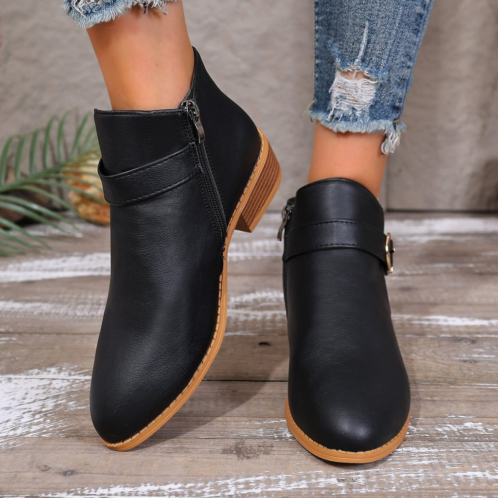 Women's Ankle Boots with Decorative Buckle Strap and Zipper Closure - Image 3