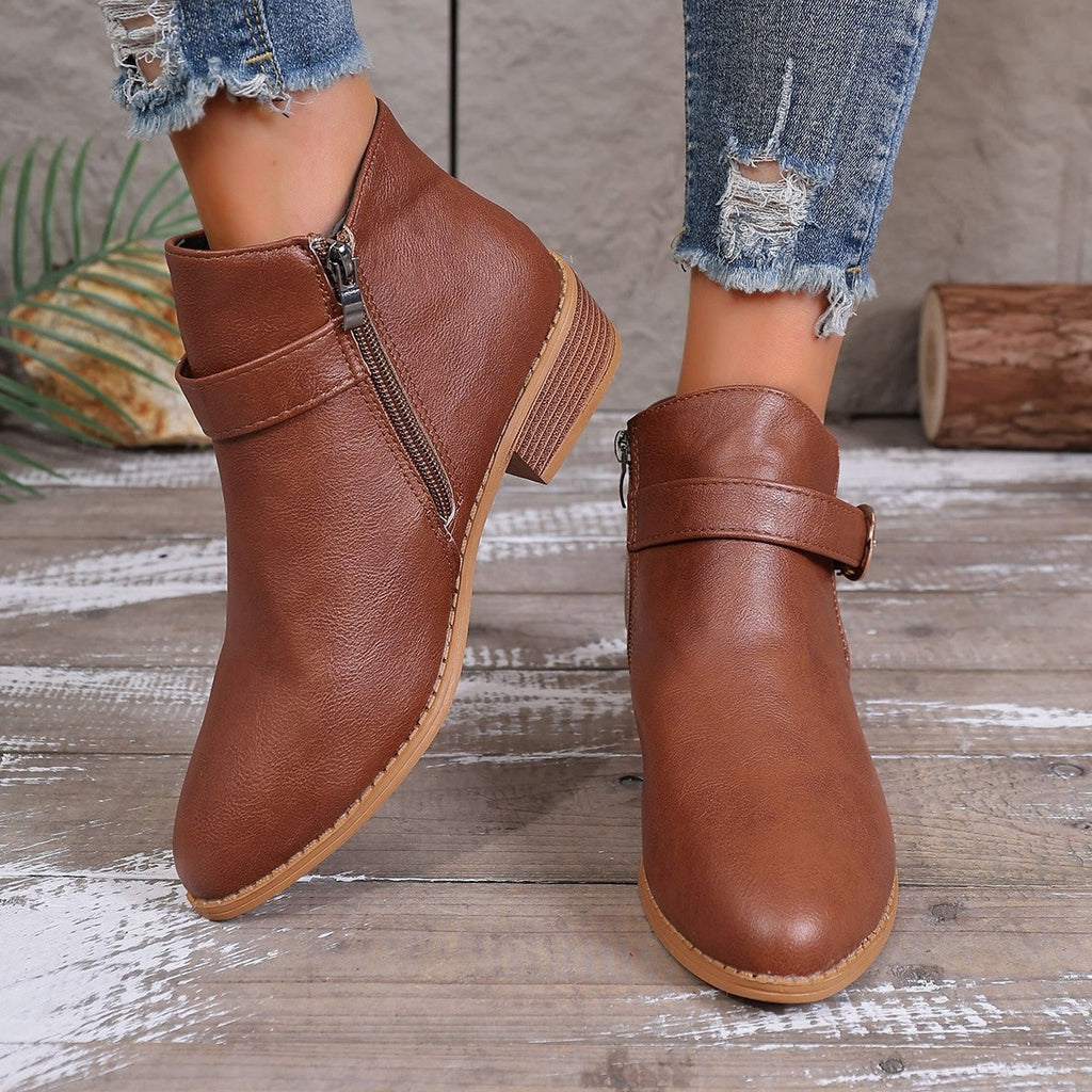 Women's Ankle Boots with Decorative Buckle Strap and Zipper Closure - Image 4