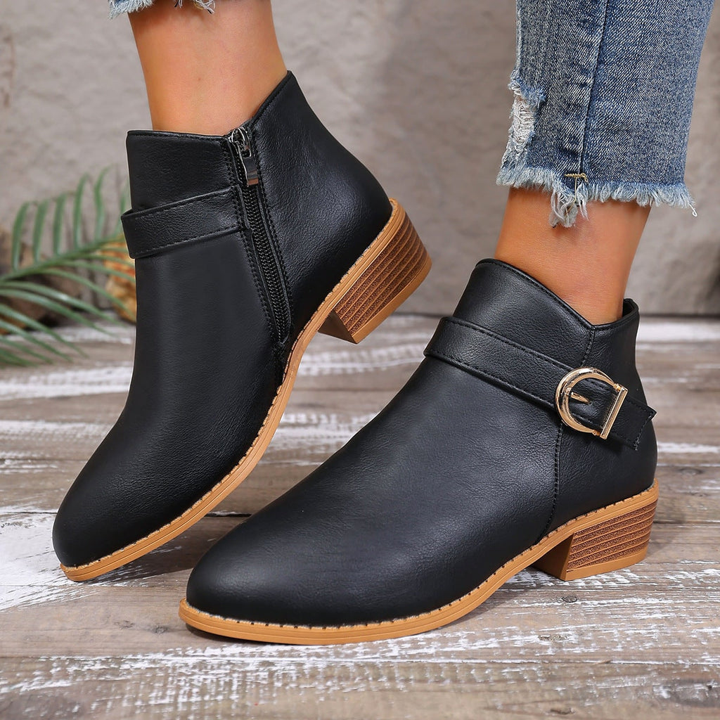 Women's Ankle Boots with Decorative Buckle Strap and Zipper Closure - Image 6