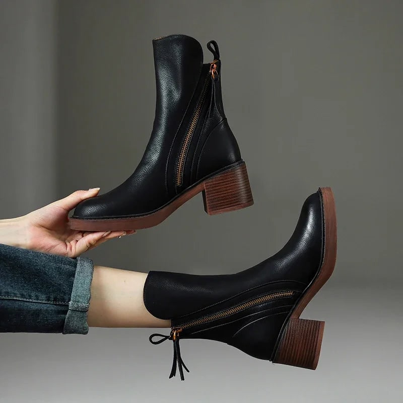 Women's Ankle Boots with Leather Upper Block Heel and Double Side Zippers - Image 1