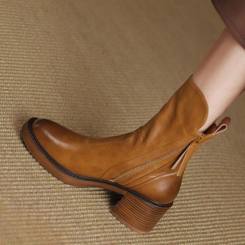 Women's Ankle Boots with Leather Upper Block Heel and Double Side Zippers - Image 10