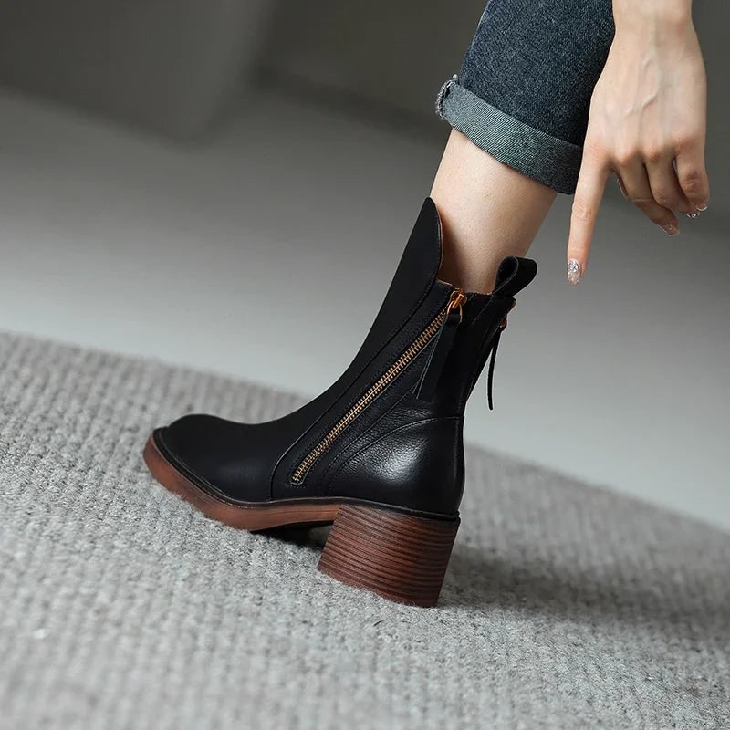 Women's Ankle Boots with Leather Upper Block Heel and Double Side Zippers - Image 2